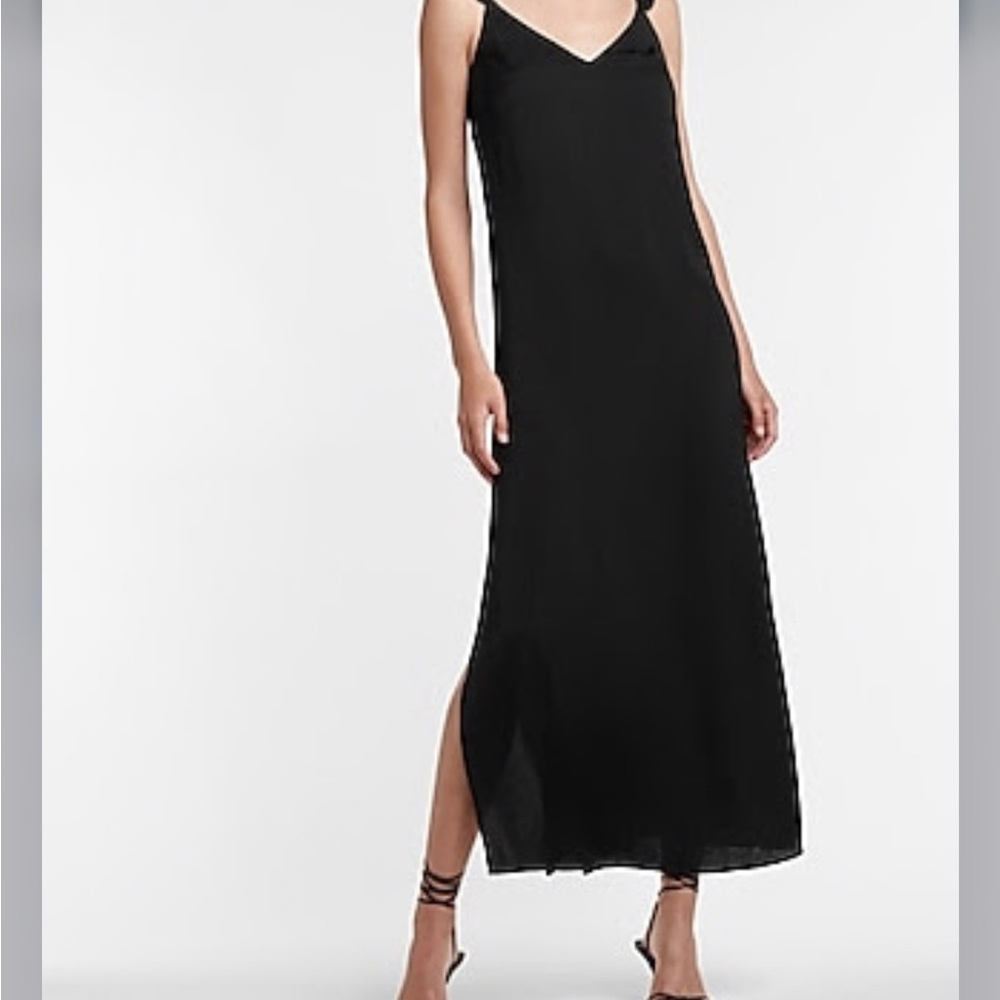 Express New Black Dress NWT Ruffle long Maxi Slip dress with side slit